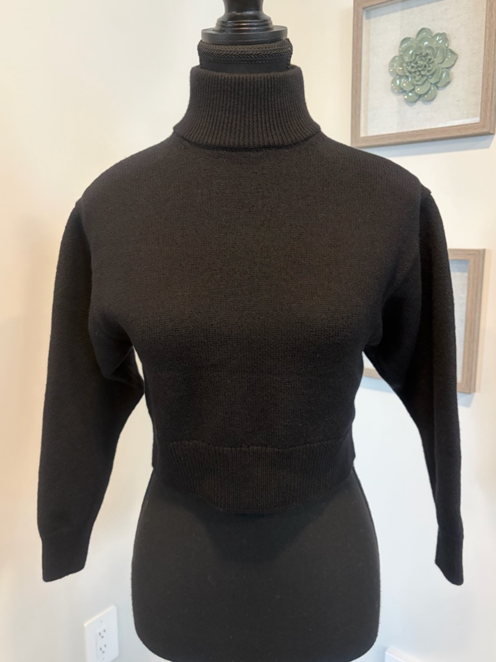Aritzia Wilfred Free Black Cropped Mock Neck Ribbed Merino Wool Sweater EUC